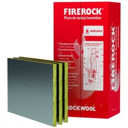 Red packaging and three silver-foiled, pale yellow fire protection boards. FIREROCK sauna protection board, thickness 25-30 mm.
