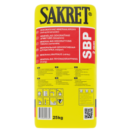 Yellow SAKRET SBP mineral decorative plaster, 25 kg bag with red and black text and instruction icons on the front.