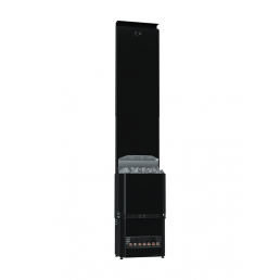 Black, tall, and narrow electric sauna heater with a stone compartment on top holding gray stones and ventilation openings at the bottom.