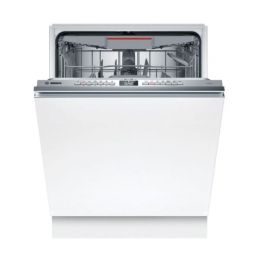 Vit integrerad diskmaskin med synlig inredning och gråa diskställ.