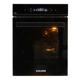 Black built-in electric oven Schlosser OE560TCB, with a digital timer and touchscreen control panel.