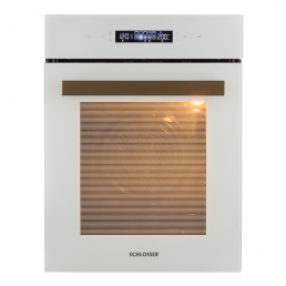 White built-in oven with a digital timer and a large glass door.