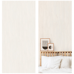 Valkoinen seinäpaneeli, esitetty kahdessa kuvassa: toisessa on tyhjä ja toisessa tyylikkäästi sisustettu makuuhuone, jossa on puinen sänky ja modernit taulut.