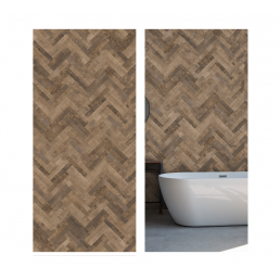 Vintage-sävyinen seinäpaneeli, jossa on kalanruotokuvio, ruskeita ja beigejä sävyjä, esimerkki asennettuna kylpyhuoneen seinään.