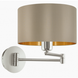 Seinävalaisin, jossa on ruskea kangasvarjostin ja kultainen sisus. Kiinnitetty seinään hopeanvärisellä metallivarrella.