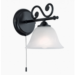 Seinävalaisin Murcia narukytkimellä, ominaisuudet: musta metallikiinnitys ja kierretyt yksityiskohdat, yksi valkoinen mattalasi kupu, mitat: sopii E14 enintään 40W polttimolle.