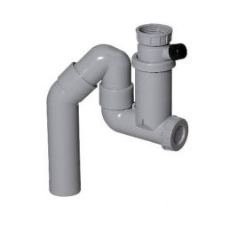 Grå plastsifon för köksvask, med dimensioner på 50x320 mm. Utrustad med avloppsrör och extra gren.