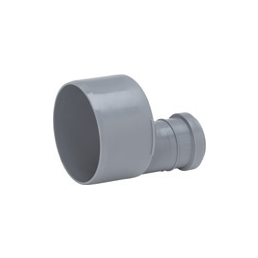 Gray PVC sewer transition fitting, measuring 110 mm to 90 mm, designed for connecting pipes.