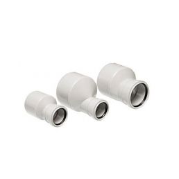 Three white Uponor Decibel transition pieces in varying sizes for pipe coupling.
