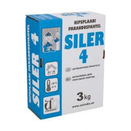 3 kg förpackning av Uninaks Siler 4 gipsskivefyllningsmedel, med blått och vitt design.