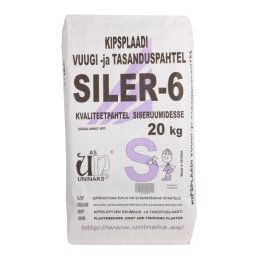 20 kg Uninaks SILER-6 gipsskivefog- och utjämningsbruk. Förpackningen har produktinformation och varumärkeslogotyp.