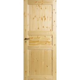 Käsittelemätön mäntyinen sisäovi, jossa on kolme paneelia ja metallinen kahva.