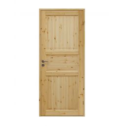 Käsittelemätön mäntyinen sisäovi, jossa on kolme paneelia ja metallinen ovenkahva, koko 8x20.