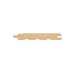Horizontal cross-section of a light brown pine interior panel board with a profiled edge, featuring tongue-and-groove joints along the sides.