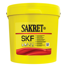 Kollane 10 L Sakret SKF silikoonvärv fassaadide jaoks, etiketil on tooteinfo ja brändi logo.