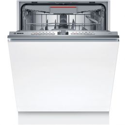 Integrerad vit diskmaskin med synliga grå korgar och kontrollpanel, märke Bosch SMV4HVX00E.