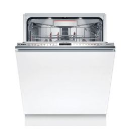 Vit integrerad diskmaskin med synlig insida och kontrollpanelen på toppen.