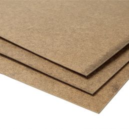 Dark brown wood fiber board, multiple sheets, with each sheet measuring 2440x1220 mm.