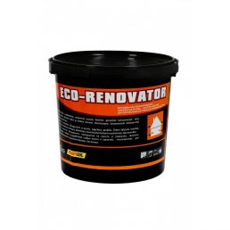 Black 20 kg bitumen putty for EPS boards, branded 'Eco-Renovator', packaged in a medium-sized bucket with orange and white details.