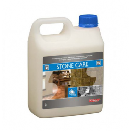 2 litran valkoinen muovikanisteri Stone Care -kivienhoitoaineelle, jossa sininen korkki.