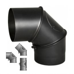 Musta savupiipun kyynärpää säädettävällä kulmalla (0–90°) ja luukulla, halkaisija 160 mm.