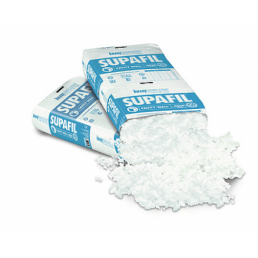 Knauf Supafil Loft 045 puistevill, umbes 1,25 m3 pakendis, näidatud valge puistevilla ja kahe sinise pakendi kujutisena.