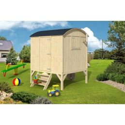 Children's playhouse Susanna, 3.3 m², elevated design with stairs, wide front door, stable wooden construction.