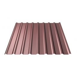 Brown trapezoidal metal sheet, used for roofing and wall cladding.
