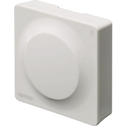 Valkoinen suorakulmainen Uponor Smatrix Base -termostaatti, jossa on pyöreä säätönuppi.