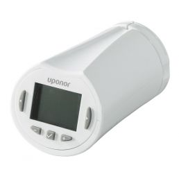 Valkoinen langaton Uponor Smatrix Wave T-162 patteriventtiilin termostaattipää, jossa on digitaalinen näyttö ja lämpötilansäätönäppäimet.