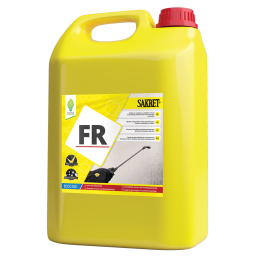 Yellow plastic canister with a red screw cap, a label displaying the text FR and an image of a pressure washer nozzle.