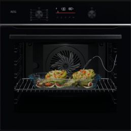 Black integrated AEG TA5PB531AB oven with a digital timer and retractable knobs.
