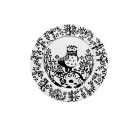 Vit 30 cm Iittala Taika-tallrik med en svart detaljerad design som inkluderar fantasidjur och fågelkaraktärer.