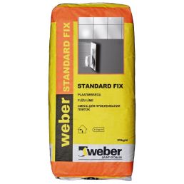 Gul 25 kg Weber Standard Fix plattsättningsblandning, avsedd för standardförhållanden.