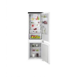 A white built-in refrigerator with two doors: the upper section serves as a fridge with glass shelves, and the lower section serves as a freezer with plastic drawers. Both doors are open.