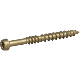 Metallinen kultainen terassiruuvi, koko 4,8x55 mm, sopiva puurakenteille. Pakkauksessa on 250 ruuvia.