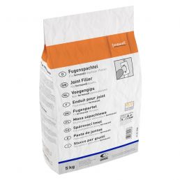 White joint filler bag, 5 kg, intended for indoor use, multilingual instructions on it.
