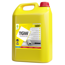 Suur kollane kanister Sakret TGW aluskrundi ja tolmupeatusvee kujutisega, punase korgiga.