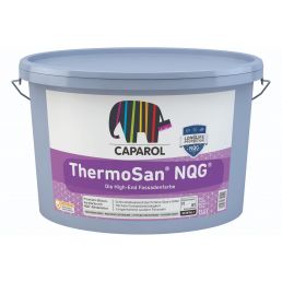 Blue bucket, 12.5 L nanotechnology-enhanced facade paint Caparol ThermoSan NQG, white label with a colorful elephant.