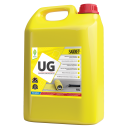 Gul 5-liters dunk med UG primer/fuktskyddskoncentrat, märkt med flera certifieringar och produktinformation.