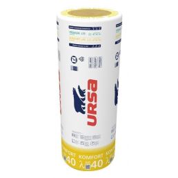 Sylinterin muotoinen lasivillarulla valkoisessa ja keltaisessa pakkauksessa, jossa on suuri URSA-logo ja painetut tekniset tiedot pinnassa.