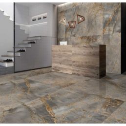 Kazan Gold ceramic wall and floor tiles: brownish-gray hues with golden patterns, luxurious and modern design.