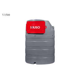 Harmaa stationäärinen dieselöljysäiliö, jossa on punainen kansi, kapasiteettina 1500-5000 litraa.