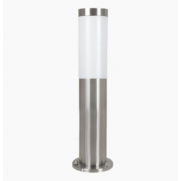 Silver stainless steel outdoor light with a round base and a transparent acrylic cover, with a height of 450 mm.