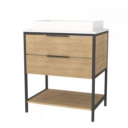 Puinen allaskaappi mustalla metallikehyksellä, kaksi laatikkoa, avoin alahylly ja valkoinen pesuallas päällä.