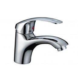 Chrome bathroom faucet featuring a rounded, curved design with a single handle.