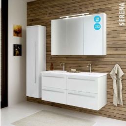 White bathroom furniture set consisting of a wall-mounted cabinet with two drawers and two mirror cabinets.