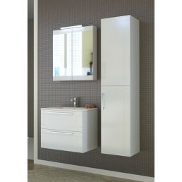 White bathroom set including a wall cabinet with a mirror, sink, and a tall cabinet.