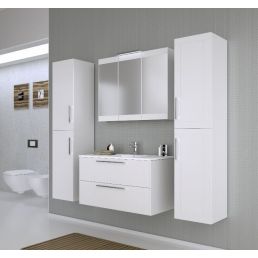 White bathroom furniture set Serena Retro 90 with a mirror, featuring an under-sink cabinet with a glass top and a tall side cabinet.