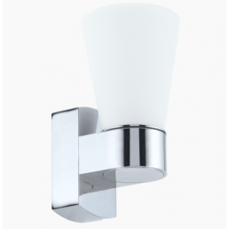 Wall light with a white glass shade and a chrome base. Dimensions: width 13 cm, height 18 cm.